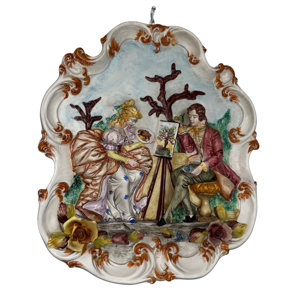 Vintage Italian Wall Hanging Plaque Courting Couple Artist Scene Decor